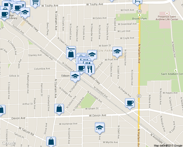 map of restaurants, bars, coffee shops, grocery stores, and more near 6730 North Oxford Avenue in Chicago