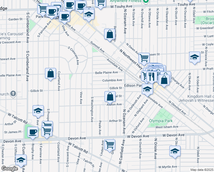 map of restaurants, bars, coffee shops, grocery stores, and more near 127 Columbia Avenue in Park Ridge