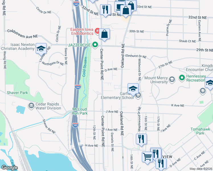 map of restaurants, bars, coffee shops, grocery stores, and more near 1314 M Avenue Northeast in Cedar Rapids