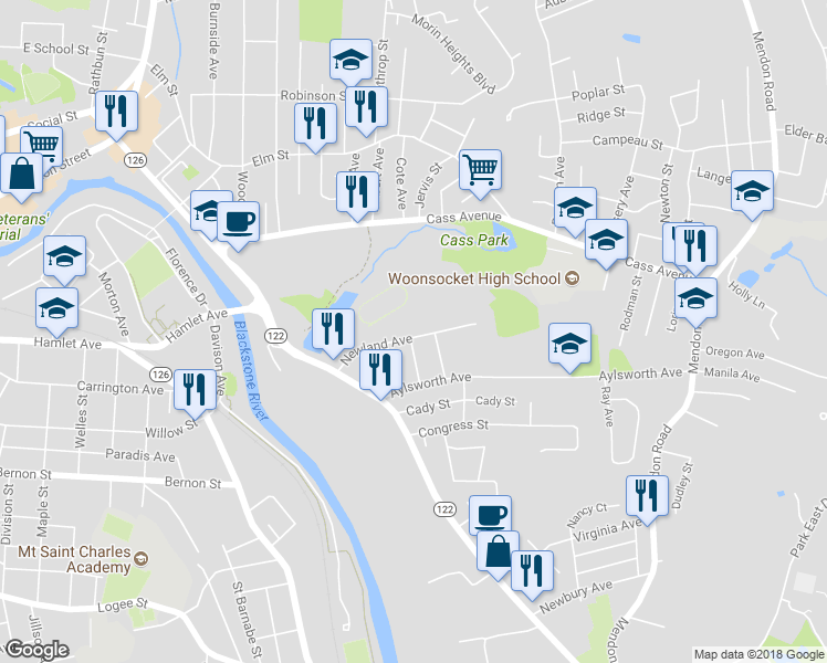 map of restaurants, bars, coffee shops, grocery stores, and more near 193 Newland Avenue in Woonsocket