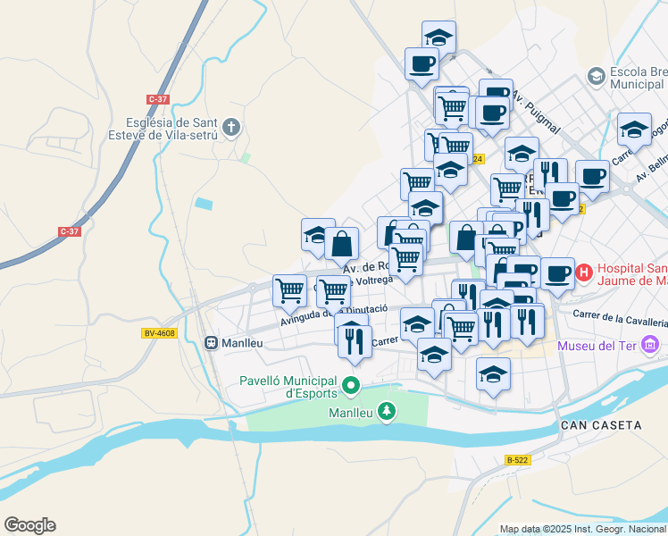 map of restaurants, bars, coffee shops, grocery stores, and more near 254 Avinguda de Roma in Manlleu