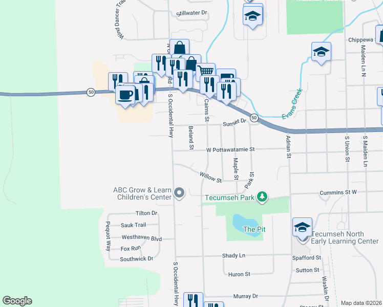 map of restaurants, bars, coffee shops, grocery stores, and more near 1109 West Pottawatamie Street in Tecumseh