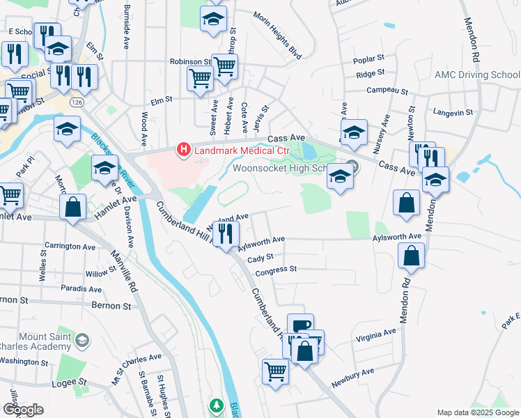 map of restaurants, bars, coffee shops, grocery stores, and more near 193 Newland Avenue in Woonsocket