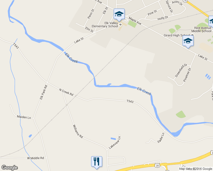 map of restaurants, bars, coffee shops, grocery stores, and more near 3481 North Creek Road in Girard