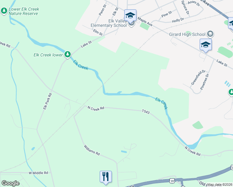 map of restaurants, bars, coffee shops, grocery stores, and more near 3481 North Creek Road in Girard