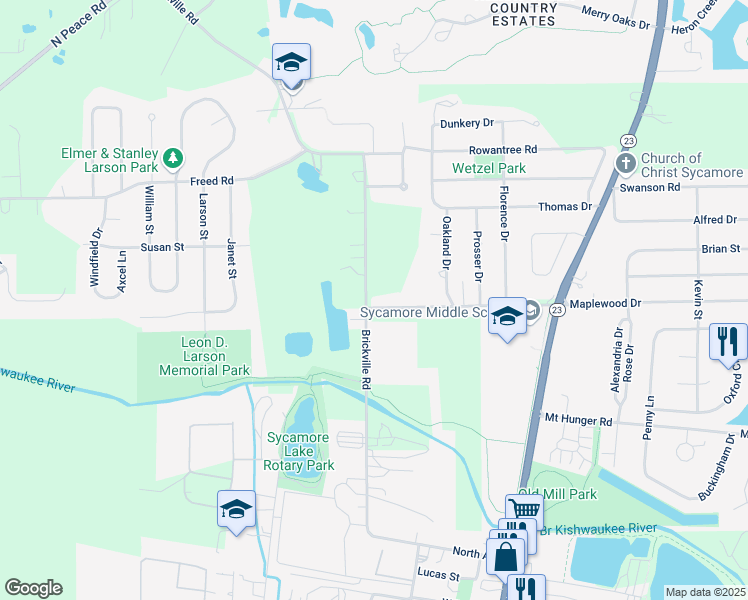 map of restaurants, bars, coffee shops, grocery stores, and more near 535 Maplewood Drive in Sycamore