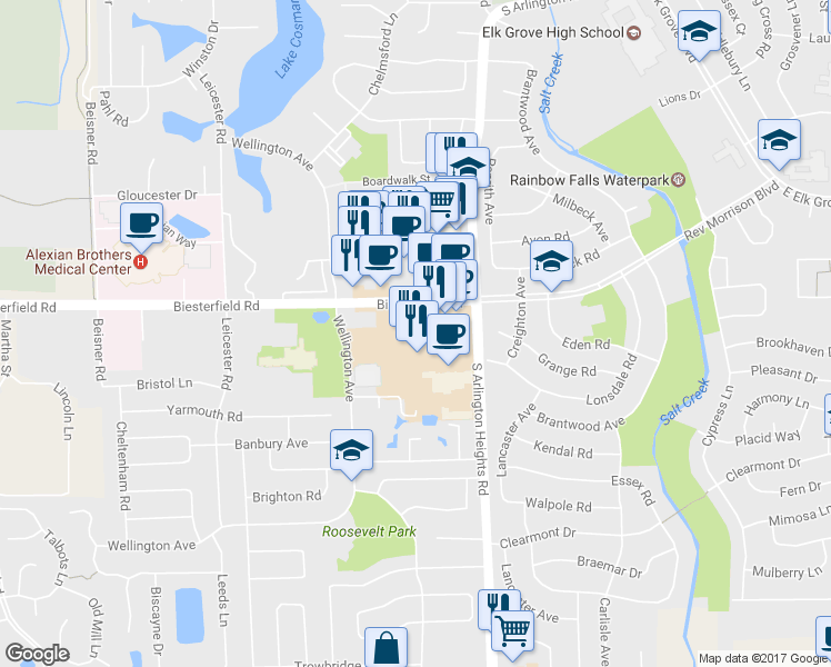 map of restaurants, bars, coffee shops, grocery stores, and more near 920 Elk Grove Town Center in Elk Grove Village