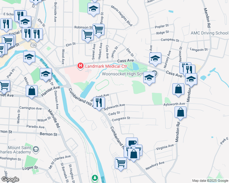 map of restaurants, bars, coffee shops, grocery stores, and more near 193 Newland Avenue in Woonsocket