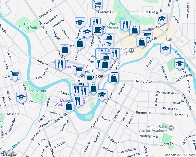 map of restaurants, bars, coffee shops, grocery stores, and more near 162 Main Street in Woonsocket