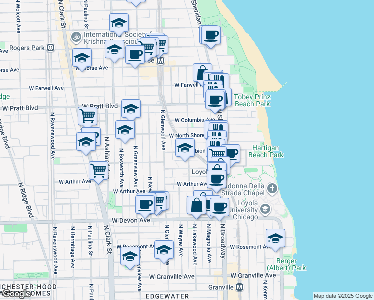 map of restaurants, bars, coffee shops, grocery stores, and more near 1254 West Albion Avenue in Chicago