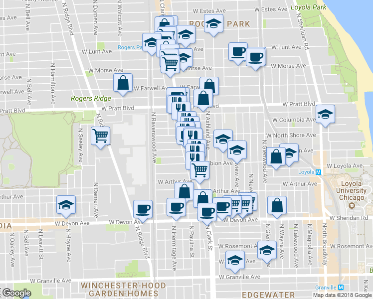 map of restaurants, bars, coffee shops, grocery stores, and more near 6647 North Clark Street in Chicago