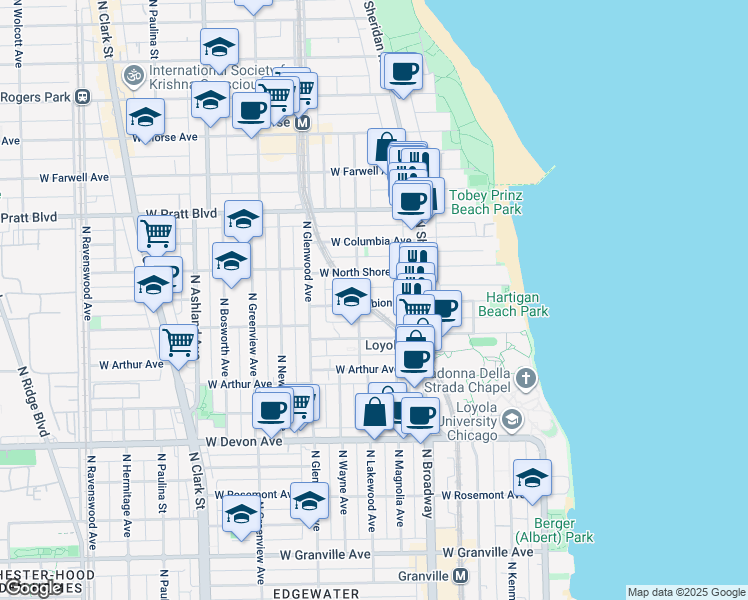 map of restaurants, bars, coffee shops, grocery stores, and more near 1250 West Albion Avenue in Chicago