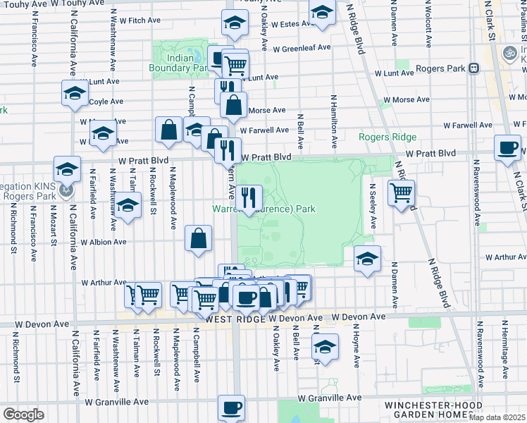 map of restaurants, bars, coffee shops, grocery stores, and more near 6601 North Western Avenue in Chicago