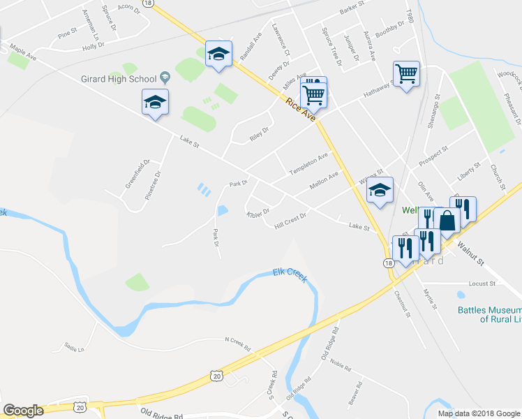 map of restaurants, bars, coffee shops, grocery stores, and more near 502 Kibler Drive in Girard