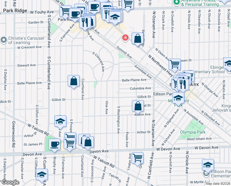 map of restaurants, bars, coffee shops, grocery stores, and more near 620 South Washington Avenue in Park Ridge