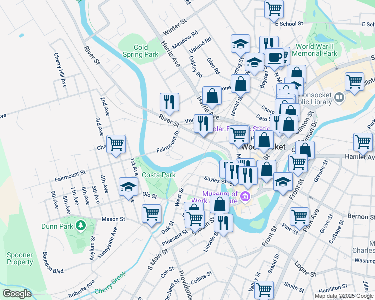 map of restaurants, bars, coffee shops, grocery stores, and more near 84 Fairmount Street in Woonsocket