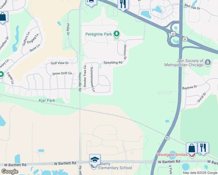 map of restaurants, bars, coffee shops, grocery stores, and more near 1271 Summersweet Lane in Bartlett