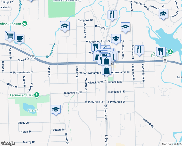 map of restaurants, bars, coffee shops, grocery stores, and more near 207 West Pottawatamie Street in Tecumseh