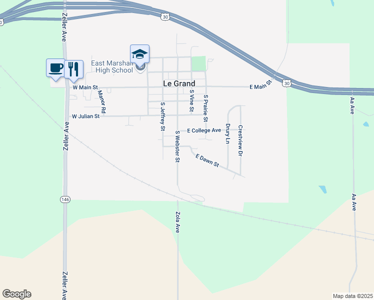 map of restaurants, bars, coffee shops, grocery stores, and more near in Le Grand