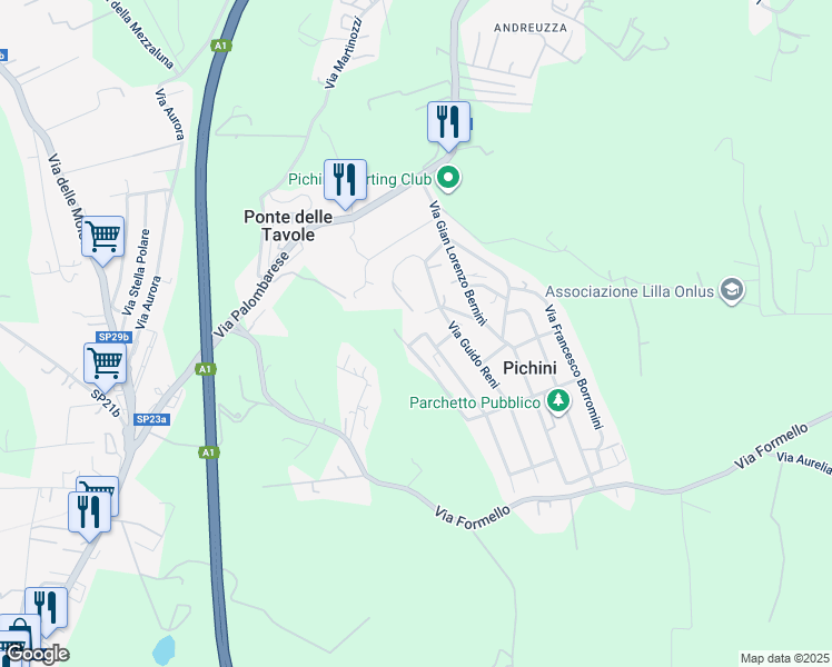 map of restaurants, bars, coffee shops, grocery stores, and more near 4 Via Amedeo Modigliani in Pichini