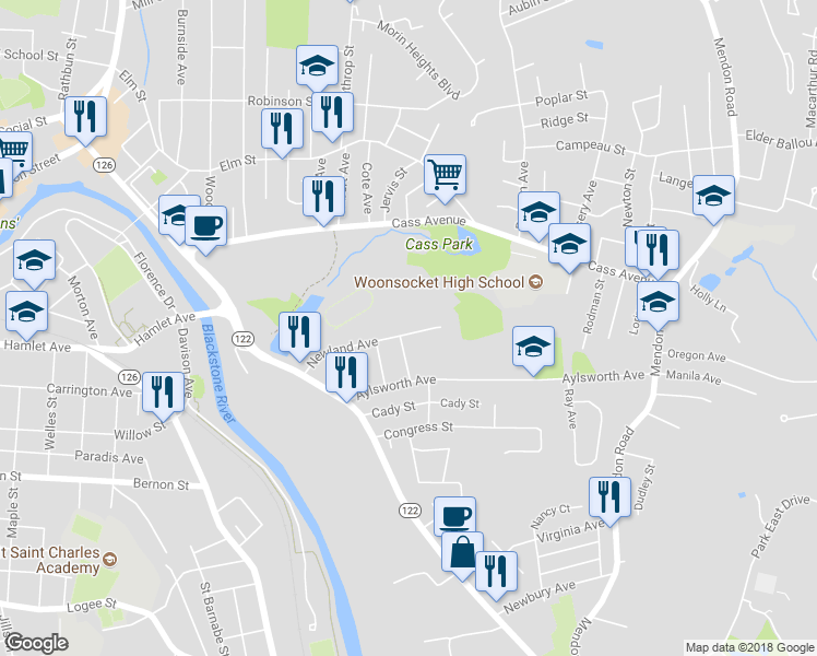 map of restaurants, bars, coffee shops, grocery stores, and more near 257 Newland Avenue in Woonsocket