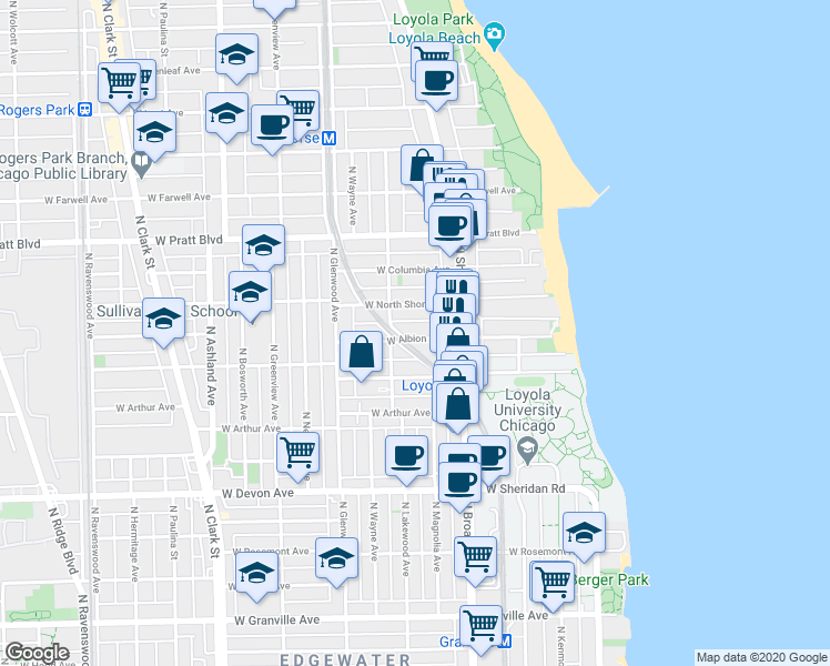 map of restaurants, bars, coffee shops, grocery stores, and more near 1254 West Albion Avenue in Chicago