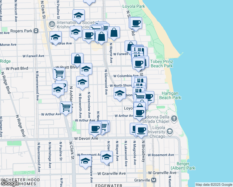 map of restaurants, bars, coffee shops, grocery stores, and more near 1331 West North Shore Avenue in Chicago