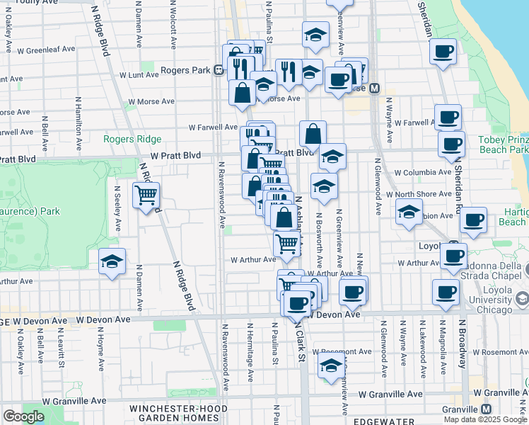 map of restaurants, bars, coffee shops, grocery stores, and more near 6647 North Clark Street in Chicago