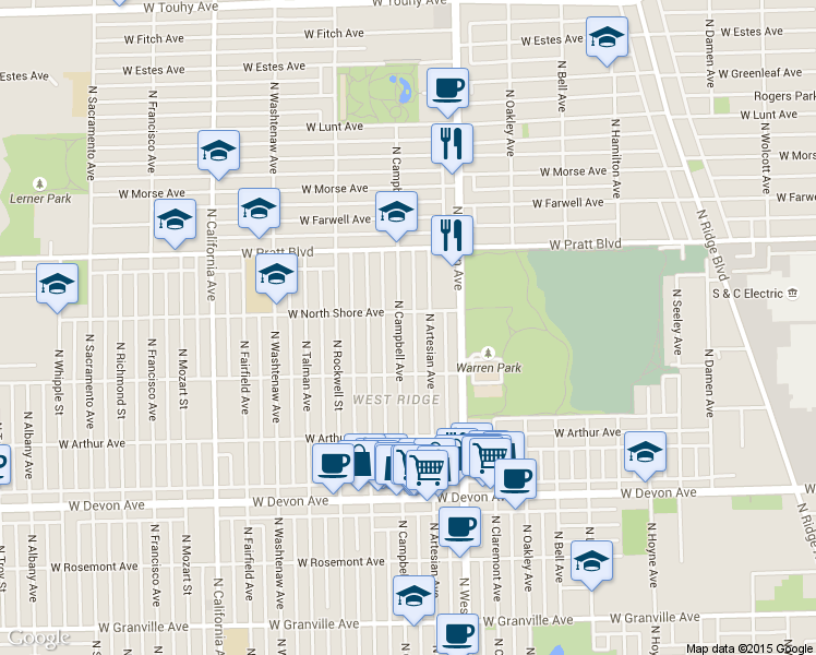 map of restaurants, bars, coffee shops, grocery stores, and more near 6654 North Artesian Avenue in Chicago