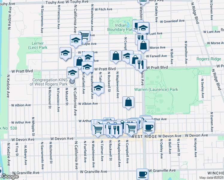 map of restaurants, bars, coffee shops, grocery stores, and more near 2553 West North Shore Avenue in Chicago