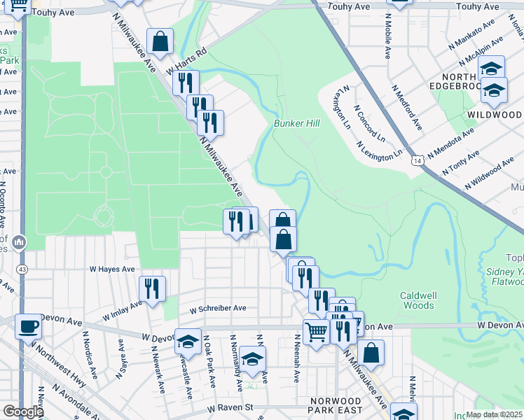 map of restaurants, bars, coffee shops, grocery stores, and more near 6633 North Milwaukee Avenue in Niles