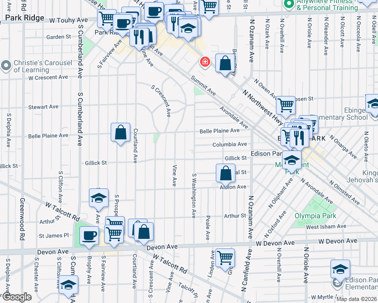map of restaurants, bars, coffee shops, grocery stores, and more near 620 South Washington Avenue in Park Ridge
