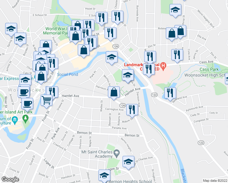 map of restaurants, bars, coffee shops, grocery stores, and more near 41 Morton Avenue in Woonsocket