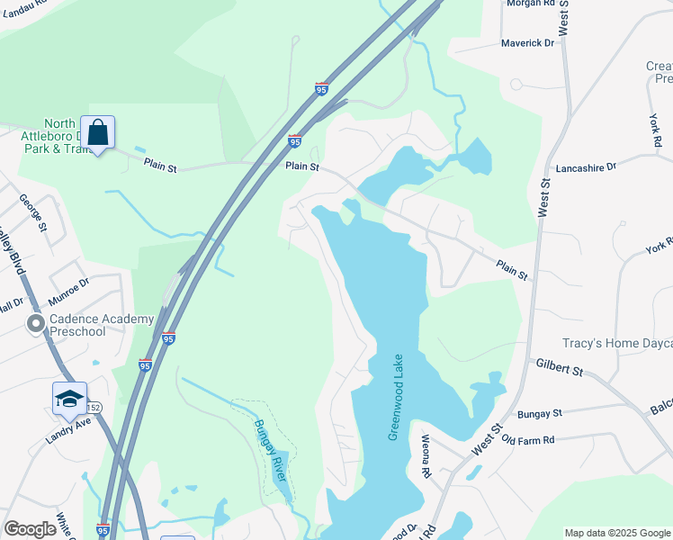 map of restaurants, bars, coffee shops, grocery stores, and more near 170 Oakridge Avenue in North Attleborough