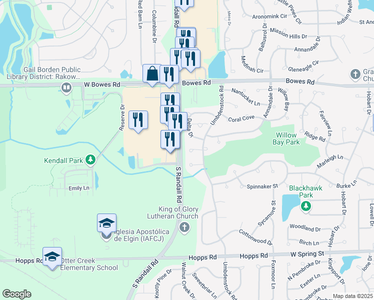 map of restaurants, bars, coffee shops, grocery stores, and more near 2377 Cove Court in Elgin
