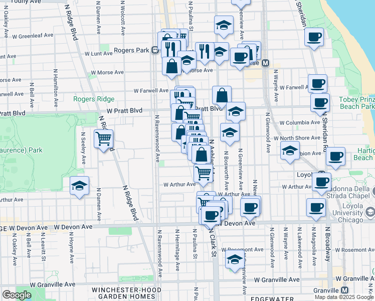 map of restaurants, bars, coffee shops, grocery stores, and more near 6647 North Clark Street in Chicago