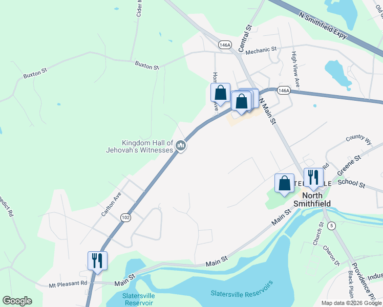 map of restaurants, bars, coffee shops, grocery stores, and more near 1030 Victory Highway in North Smithfield