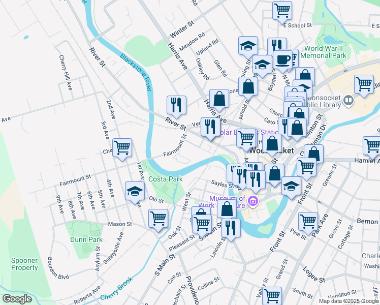 map of restaurants, bars, coffee shops, grocery stores, and more near 84 Fairmount Street in Woonsocket