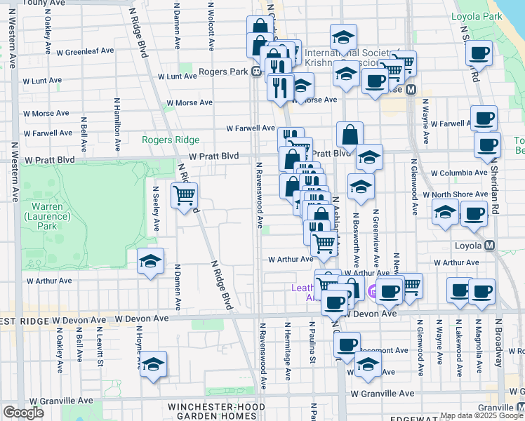 map of restaurants, bars, coffee shops, grocery stores, and more near 1760 West Wallen Avenue in Chicago