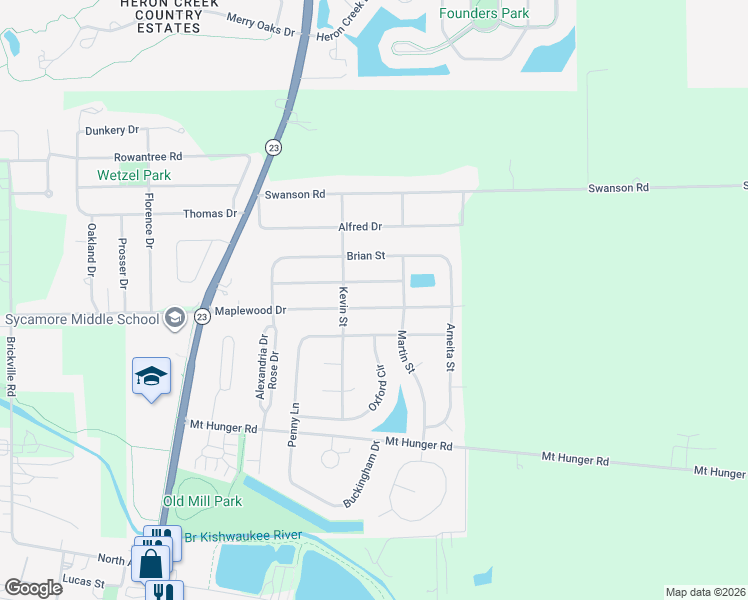 map of restaurants, bars, coffee shops, grocery stores, and more near 229 Maplewood Drive in Sycamore