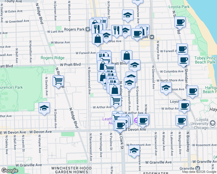 map of restaurants, bars, coffee shops, grocery stores, and more near 6647 North Clark Street in Chicago
