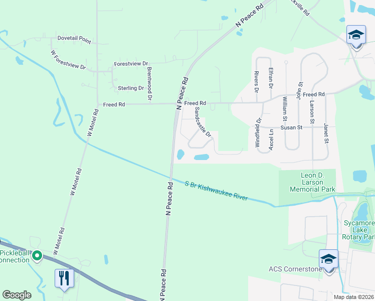 map of restaurants, bars, coffee shops, grocery stores, and more near 1457 Beach Lane in Sycamore