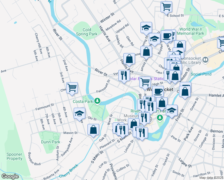 map of restaurants, bars, coffee shops, grocery stores, and more near 84 Fairmount Street in Woonsocket