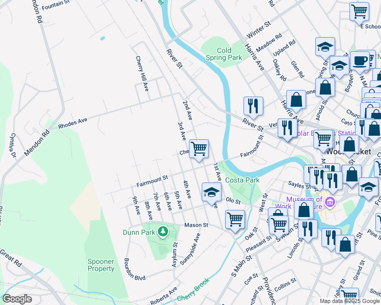 map of restaurants, bars, coffee shops, grocery stores, and more near 380 2nd Avenue in Woonsocket