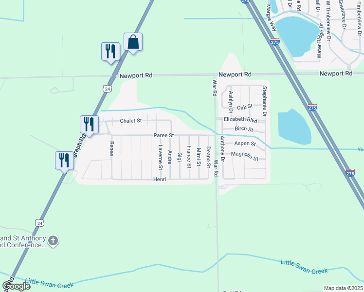 map of restaurants, bars, coffee shops, grocery stores, and more near 8553 France Street in Monroe County