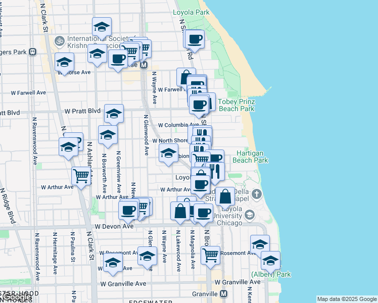 map of restaurants, bars, coffee shops, grocery stores, and more near 6610 North Sheridan Road in Chicago
