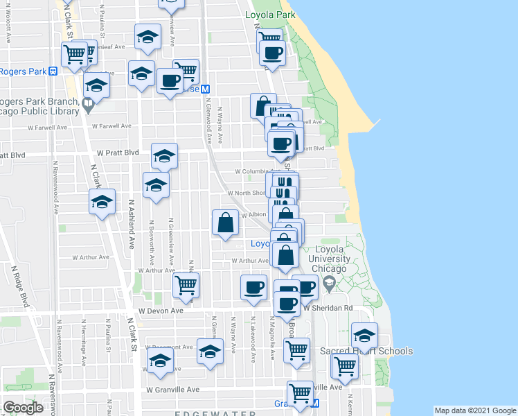 map of restaurants, bars, coffee shops, grocery stores, and more near 1254 West Albion Avenue in Chicago