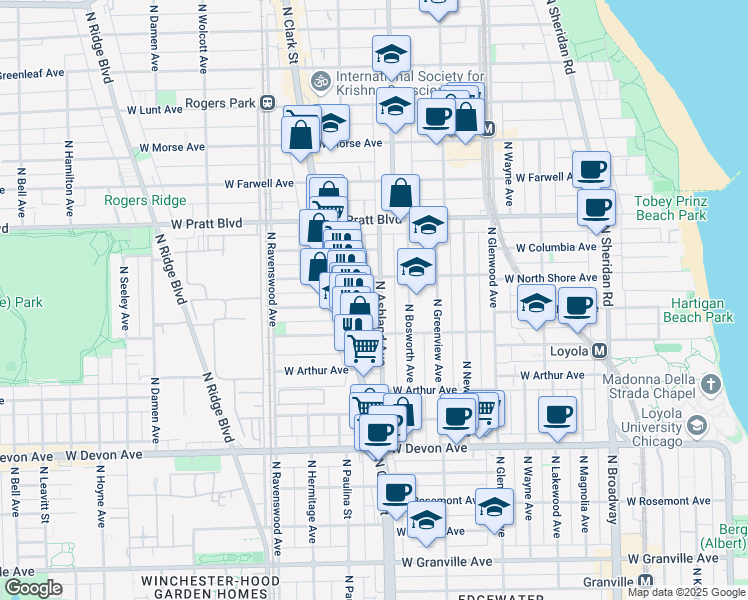 map of restaurants, bars, coffee shops, grocery stores, and more near 6645 North Ashland Avenue in Chicago
