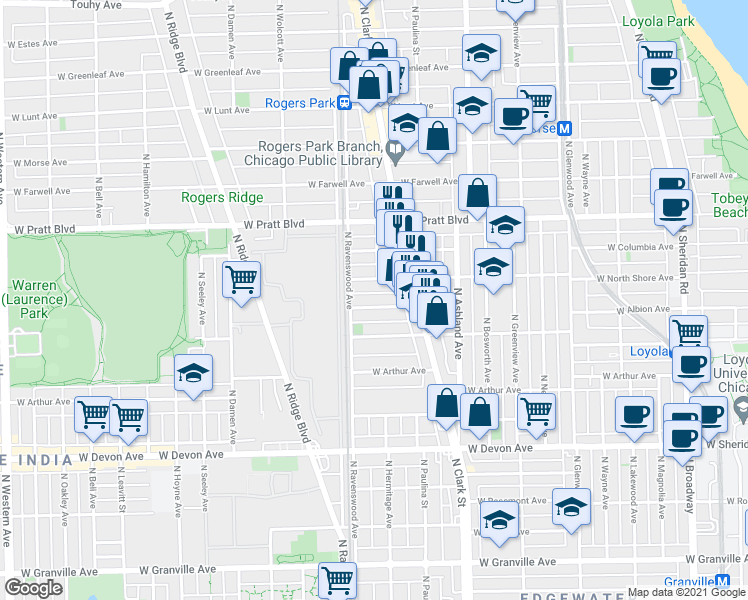 map of restaurants, bars, coffee shops, grocery stores, and more near in Chicago