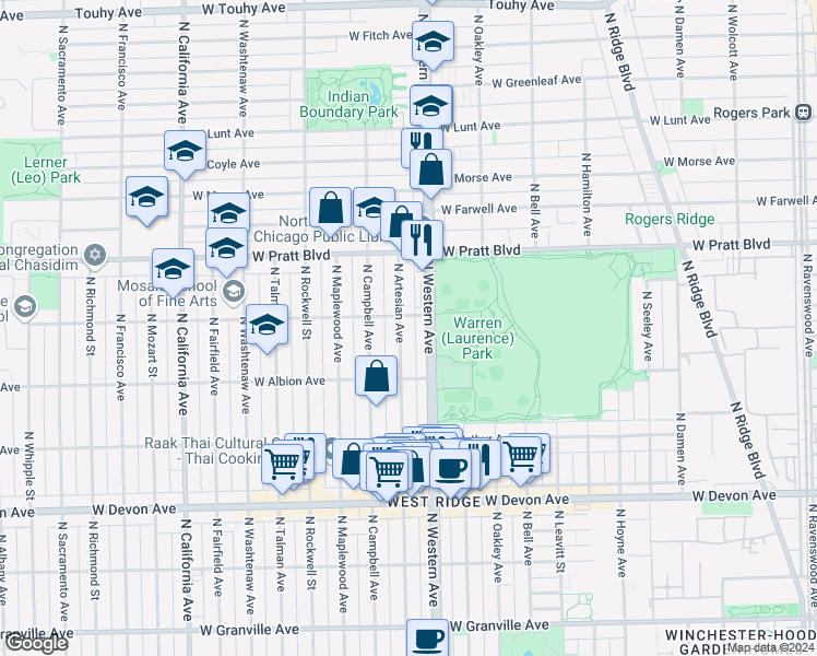 map of restaurants, bars, coffee shops, grocery stores, and more near 6654 North Artesian Avenue in Chicago